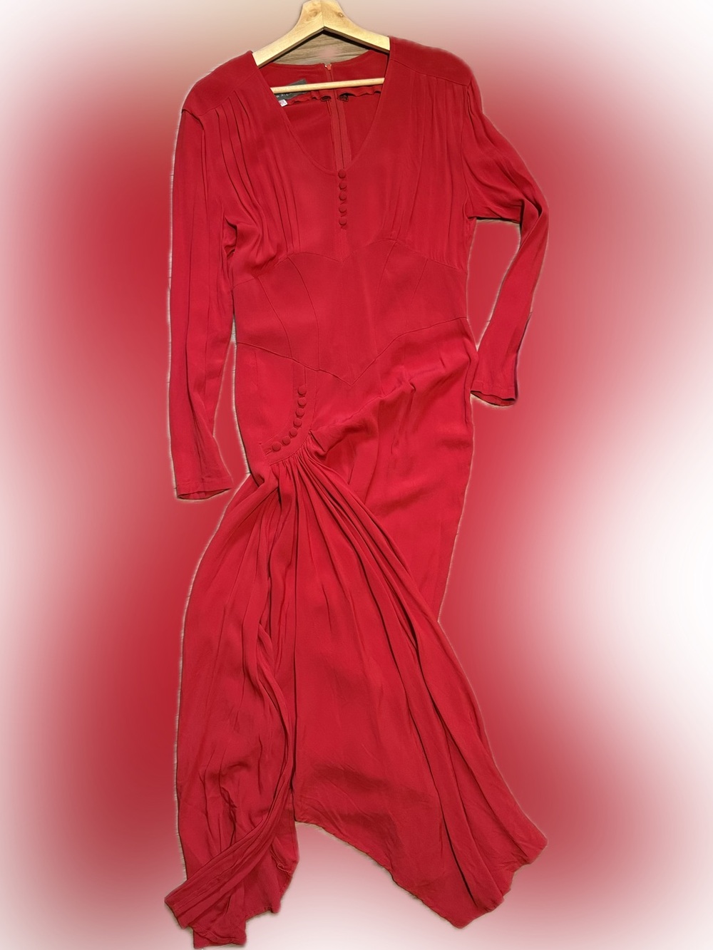 Red Long-Sleeve Gathered Waist Maxi Dress